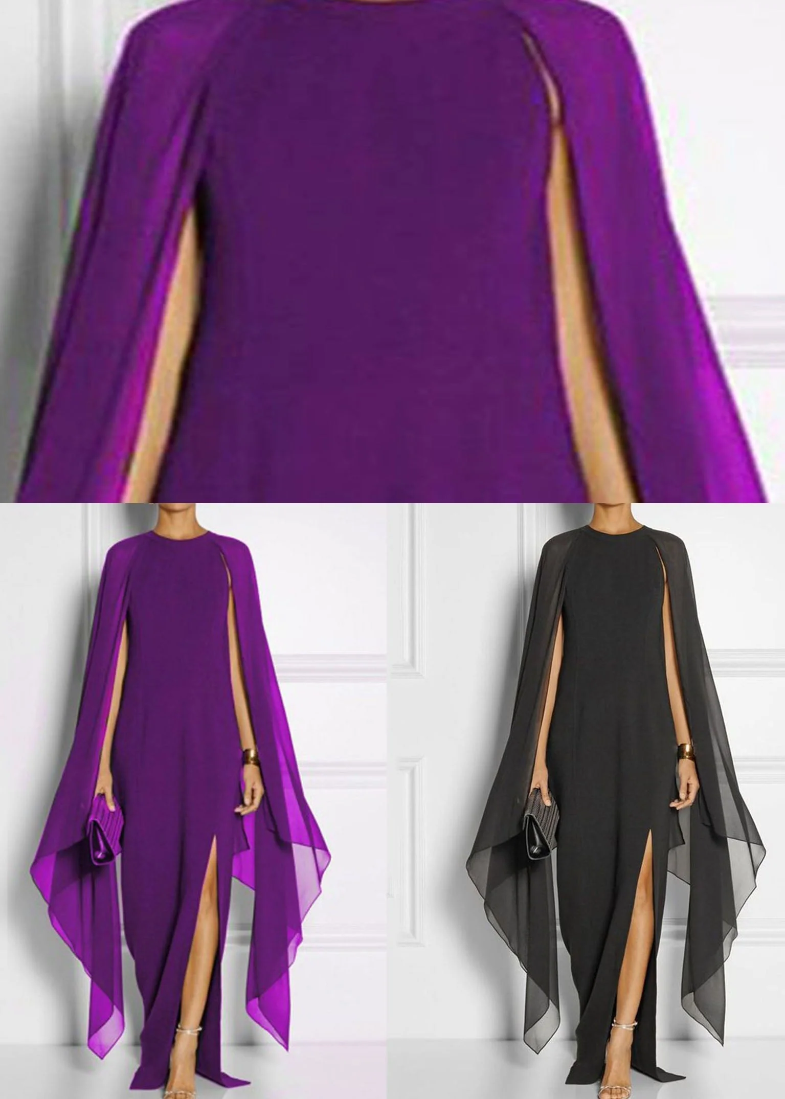 Fashion Black Asymmetrical Patchwork Cape Chiffon Dress Summer - Image 4