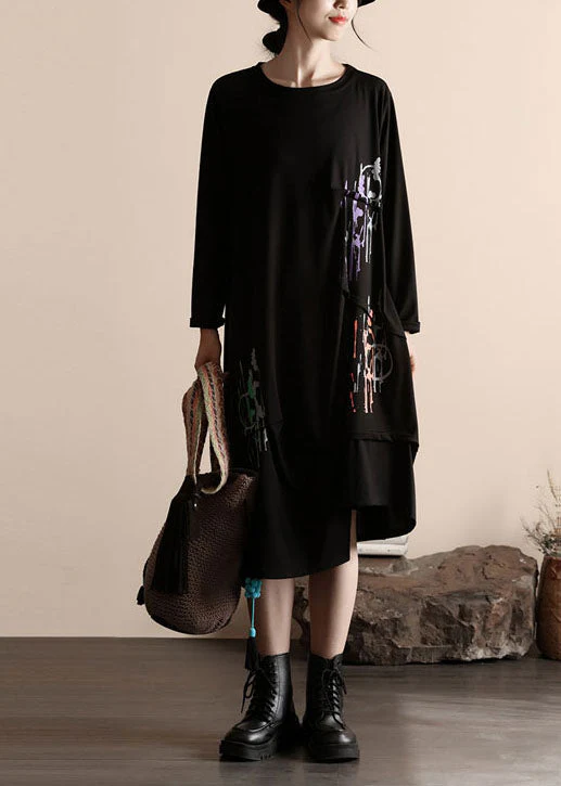 Fashion Black Asymmetrical Wrinkled Patchwork Cotton Dresses Spring - Image 2