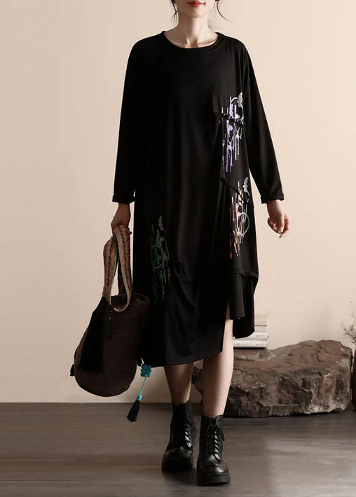 Fashion Black Asymmetrical Wrinkled Patchwork Cotton Dresses Spring - Image 3