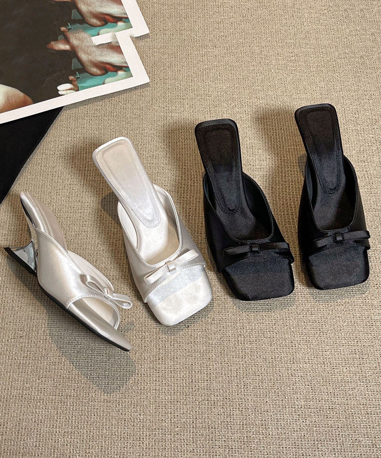 Fashion Black Bow Splicing Satin Wedge Slide Sandals - Image 5