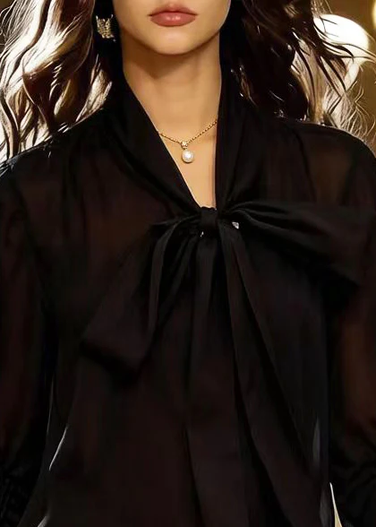 Fashion Black Bow Wrinkled Chiffon Shirt Dress Spring - Image 2