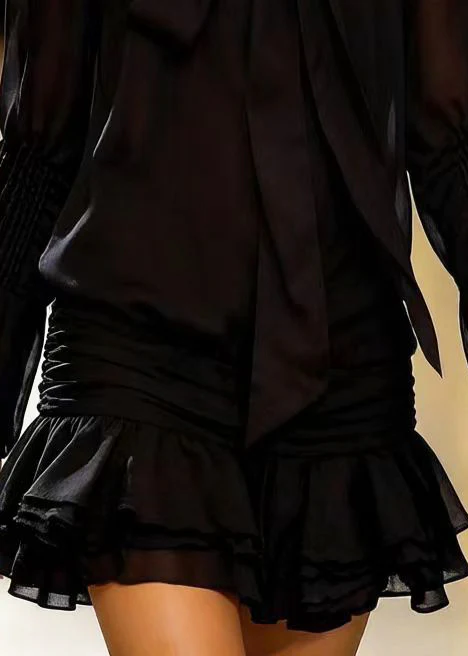 Fashion Black Bow Wrinkled Chiffon Shirt Dress Spring - Image 4