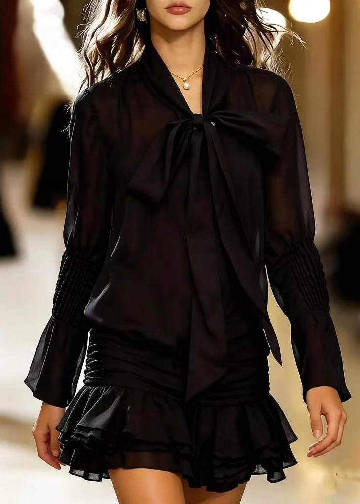 Fashion Black Bow Wrinkled Chiffon Shirt Dress Spring - Image 5