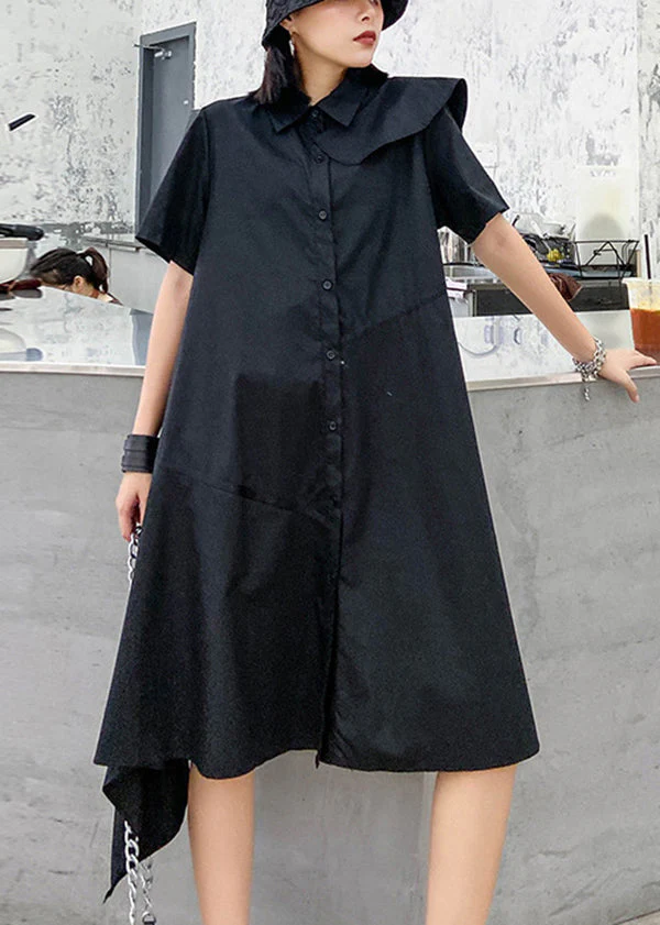 Fashion Black Button Peter Pan Collar Asymmetrical Design Party Dress Short Sleeve - Image 2