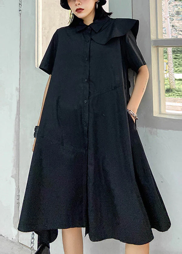 Fashion Black Button Peter Pan Collar Asymmetrical Design Party Dress Short Sleeve - Image 3