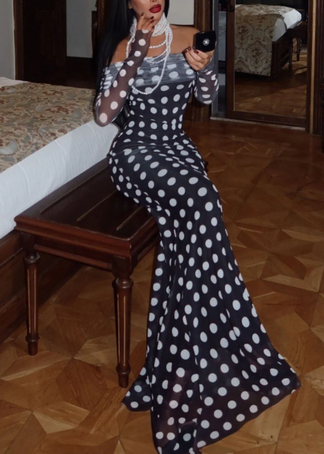 Fashion Black Cold Shoulder Dot Print Slim Tulle Dresses Spring - Image 3