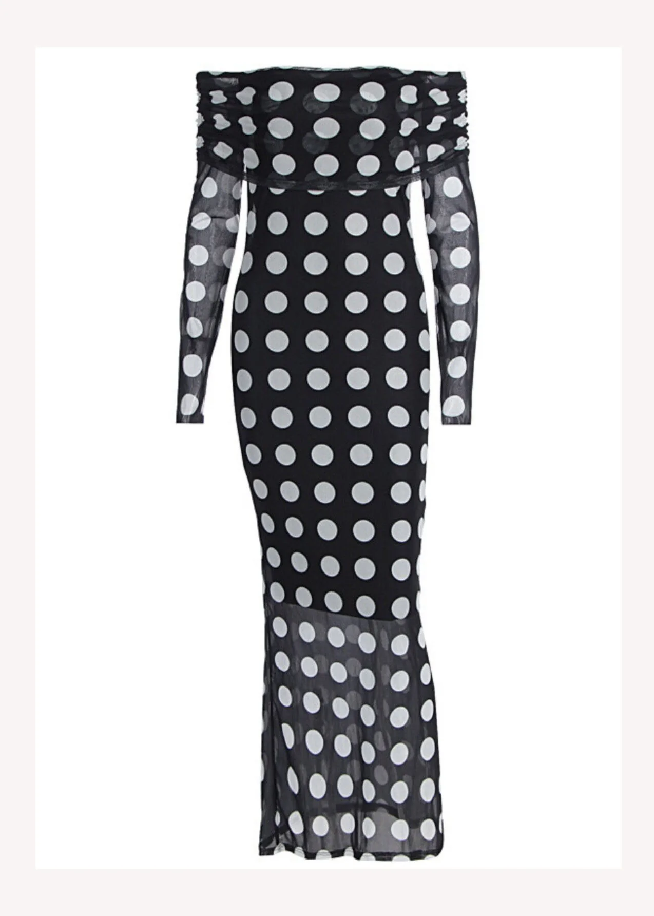 Fashion Black Cold Shoulder Dot Print Slim Tulle Dresses Spring - Image 5