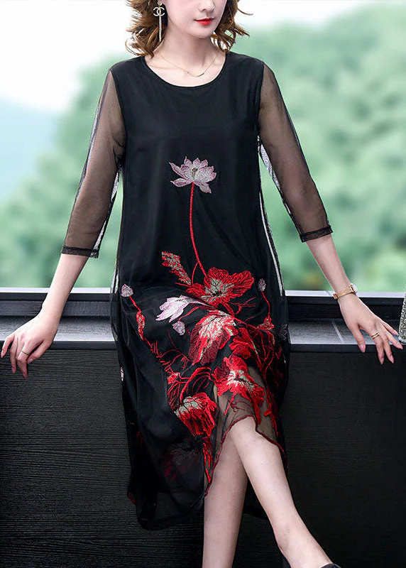 Fashion Black Embroideried Hollow Out Tulle Robe Dresses Bracelet Sleeve - Image 2
