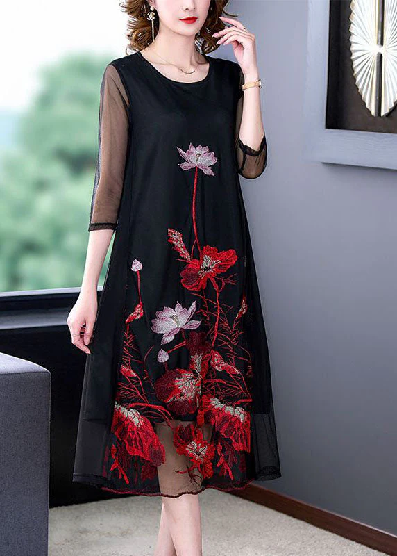 Fashion Black Embroideried Hollow Out Tulle Robe Dresses Bracelet Sleeve - Image 3