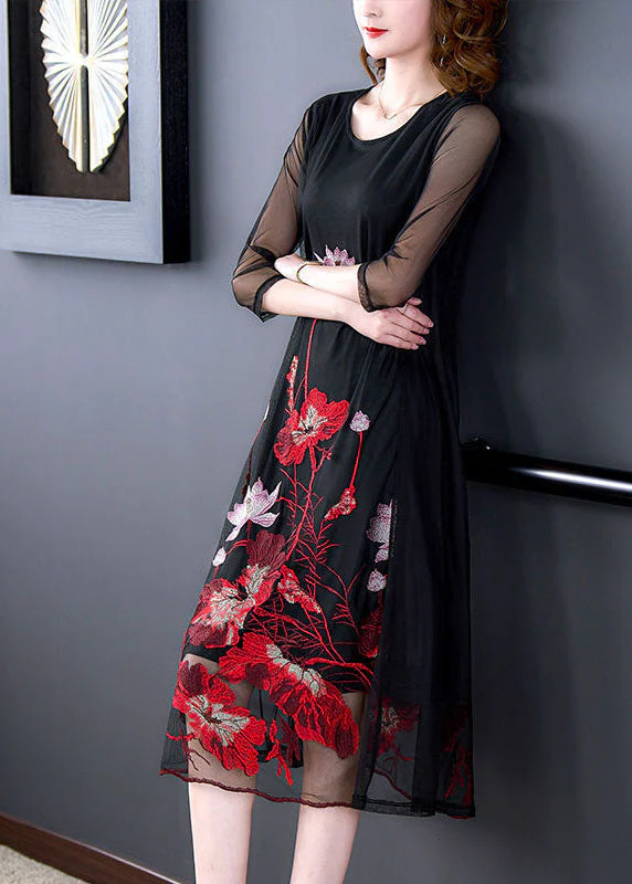 Fashion Black Embroideried Hollow Out Tulle Robe Dresses Bracelet Sleeve - Image 4