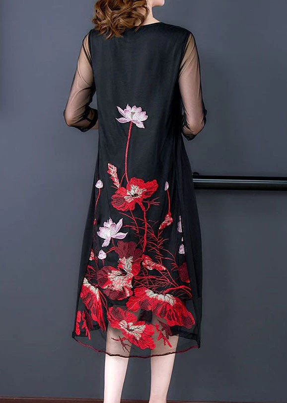 Fashion Black Embroideried Hollow Out Tulle Robe Dresses Bracelet Sleeve - Image 5