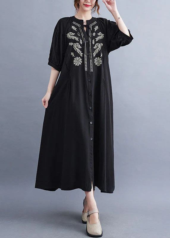 Fashion Black Embroideried Lace Up Cotton Maxi Dress Summer - Image 2