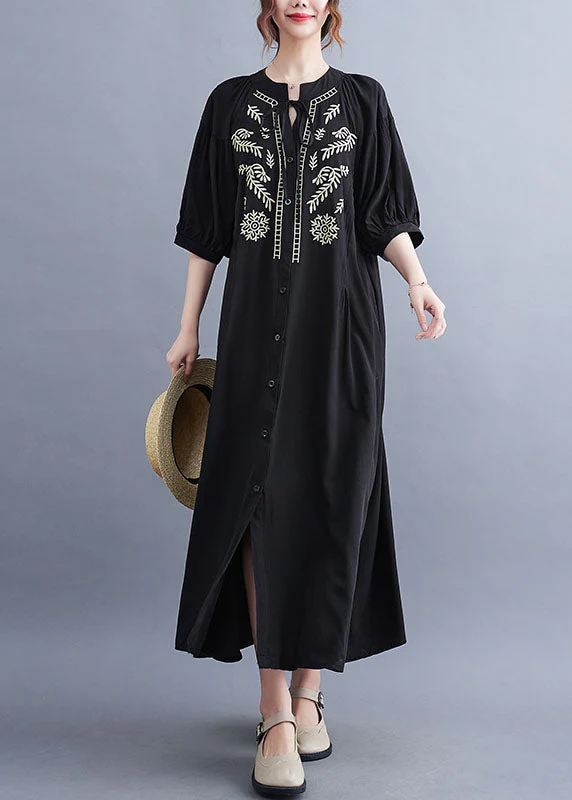 Fashion Black Embroideried Lace Up Cotton Maxi Dress Summer - Image 3