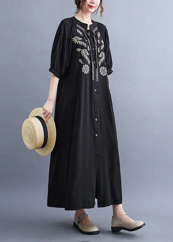 Fashion Black Embroideried Lace Up Cotton Maxi Dress Summer - Image 4