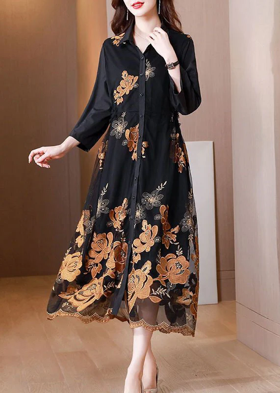 Fashion Black Embroideried Tie Waist Tulle Patchwork Shirts Long Dresses Fall - Image 2