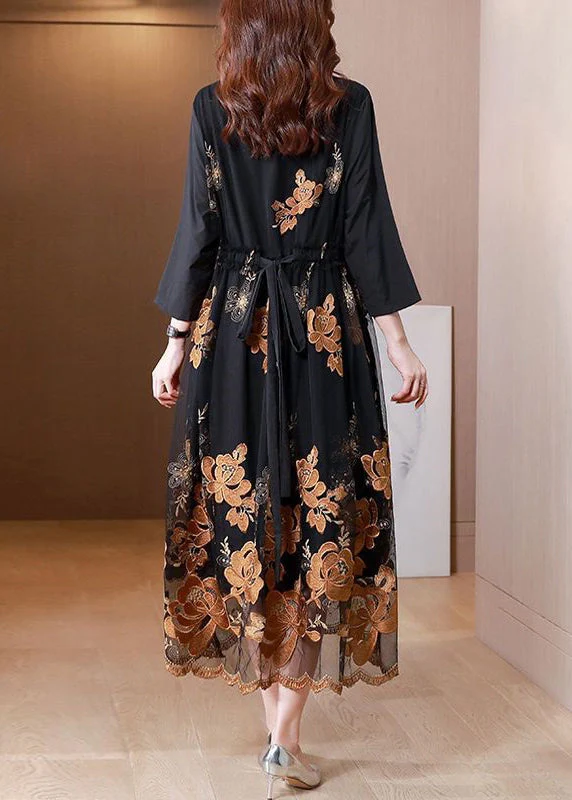 Fashion Black Embroideried Tie Waist Tulle Patchwork Shirts Long Dresses Fall - Image 4