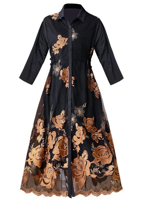Fashion Black Embroideried Tie Waist Tulle Patchwork Shirts Long Dresses Fall - Image 5