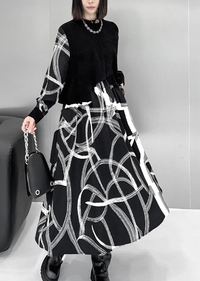 Fashion Black False Two Pieces Patchwork Cotton Dresses Spring - Image 2