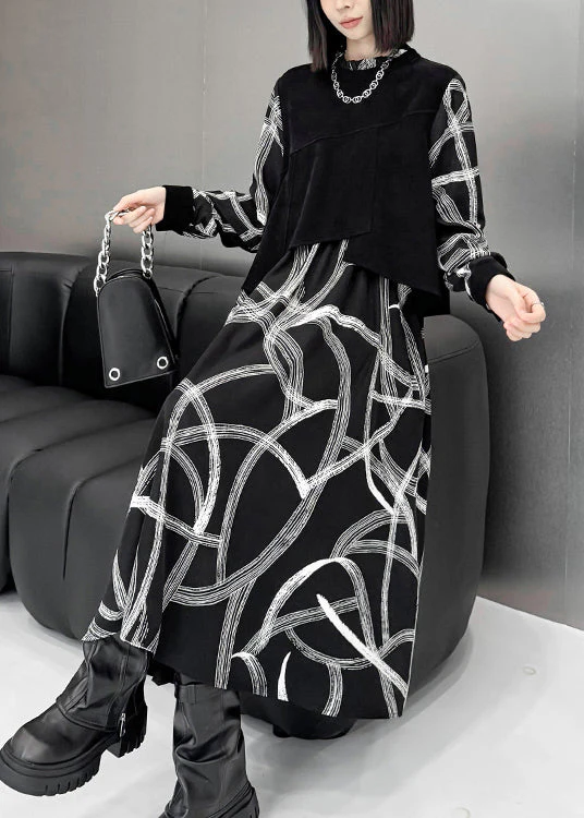 Fashion Black False Two Pieces Patchwork Cotton Dresses Spring - Image 3