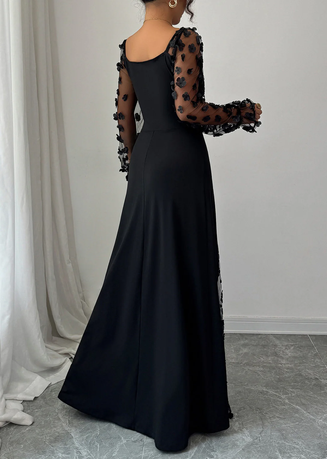 Fashion Black Floral Hollow Out Patchwork Tulle Long Dress Spring - Image 5