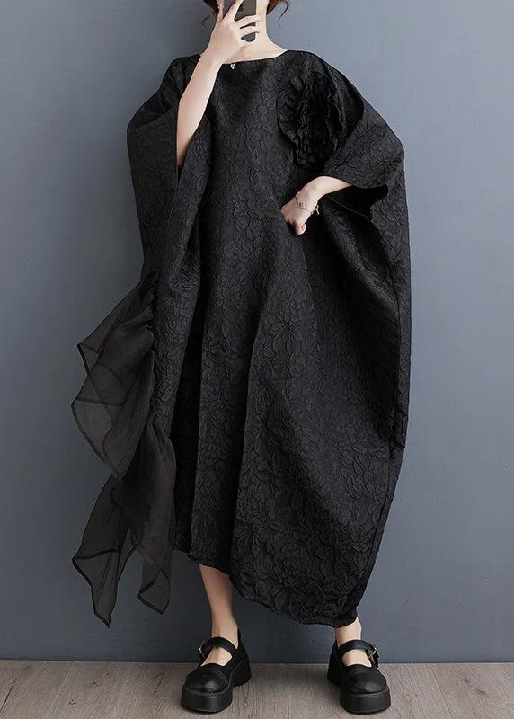 Fashion Black Floral Tulle Patchwork Maxi Asymmetrical Dress Batwing Sleeve - Image 2