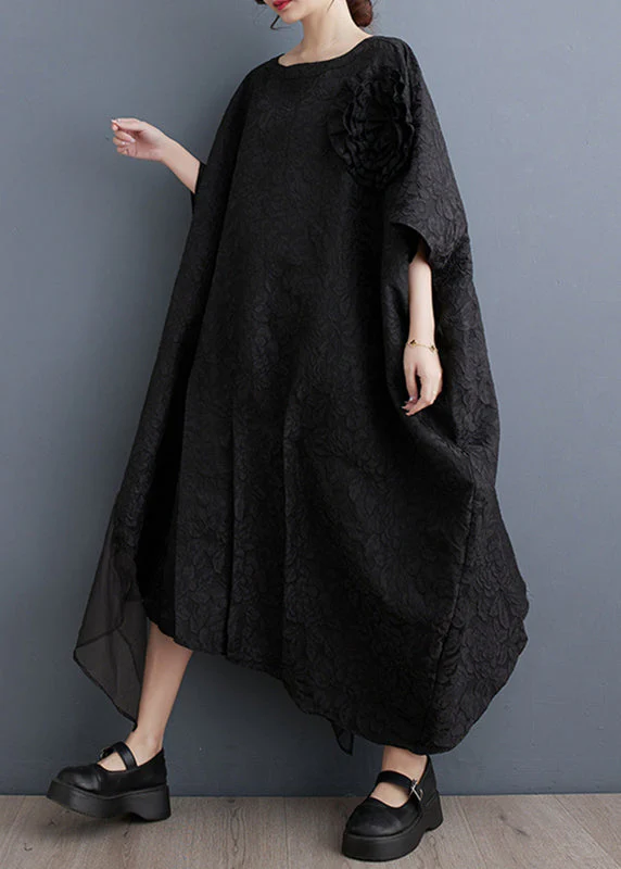 Fashion Black Floral Tulle Patchwork Maxi Asymmetrical Dress Batwing Sleeve - Image 3