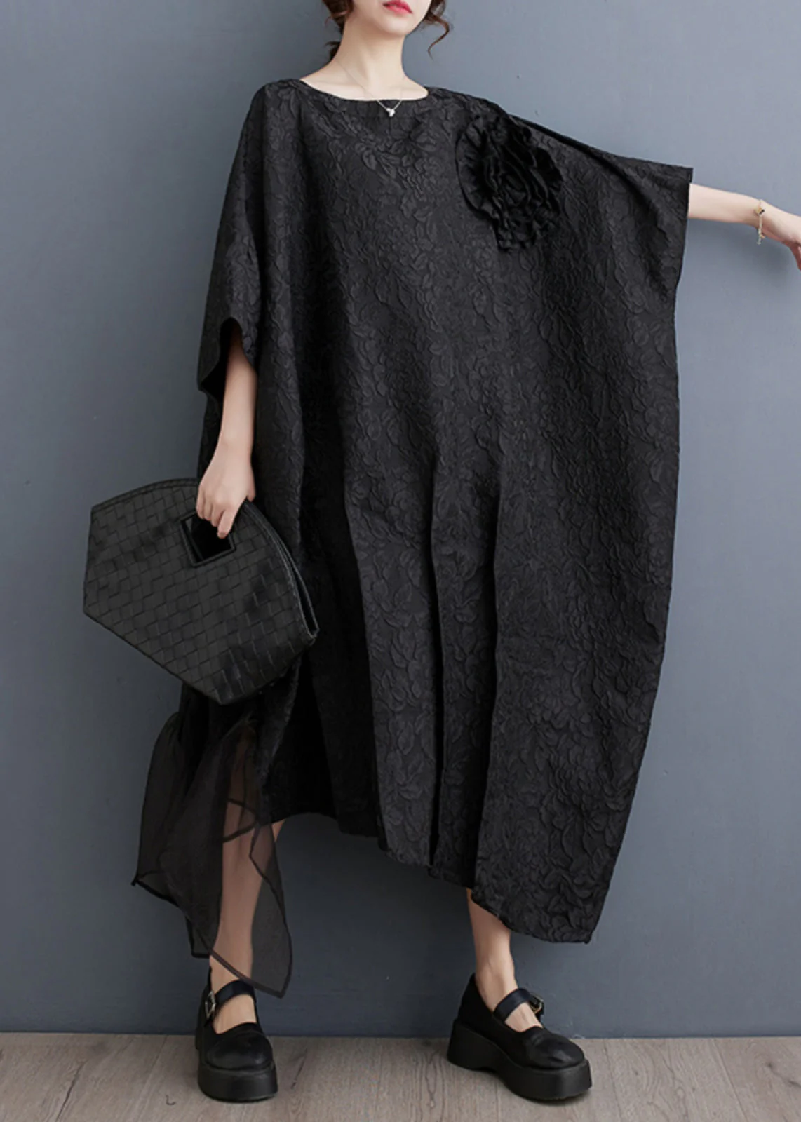 Fashion Black Floral Tulle Patchwork Maxi Asymmetrical Dress Batwing Sleeve - Image 4