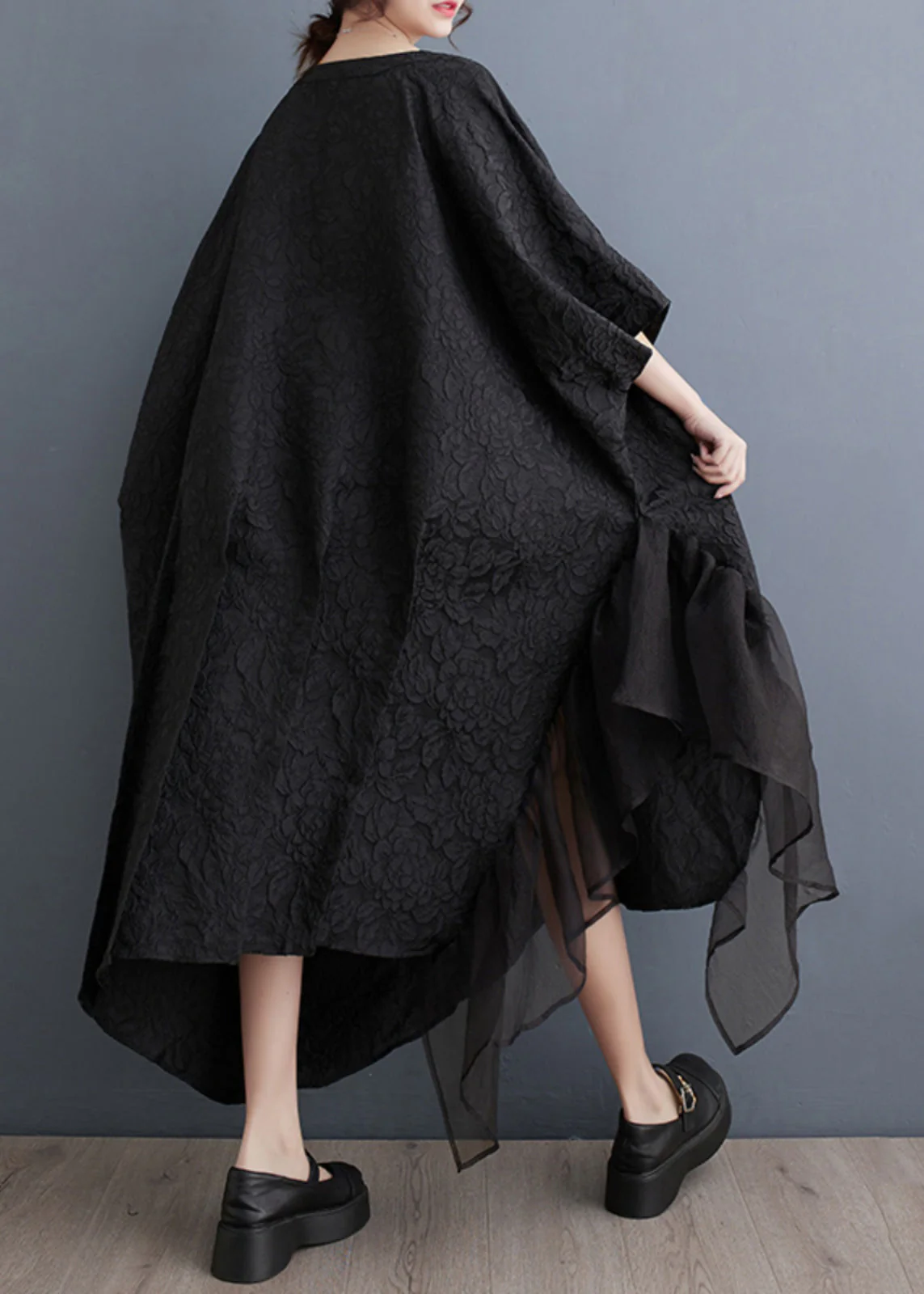 Fashion Black Floral Tulle Patchwork Maxi Asymmetrical Dress Batwing Sleeve - Image 5