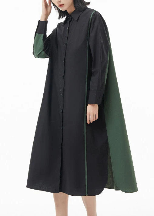 Fashion Black Green Peter Pan Collar button side open Patchwork shirt Dress Spring - Image 2