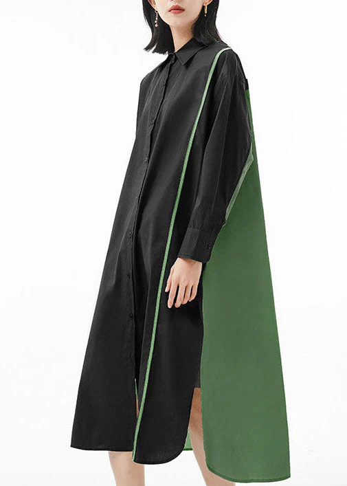 Fashion Black Green Peter Pan Collar button side open Patchwork shirt Dress Spring - Image 3