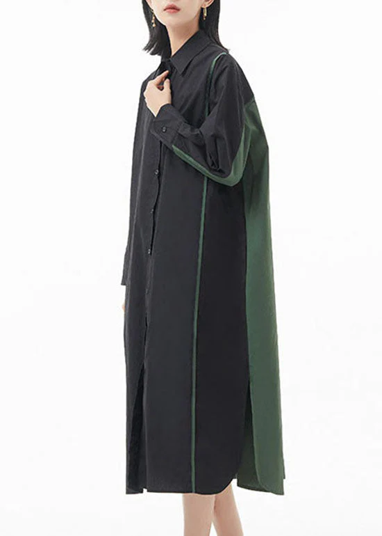 Fashion Black Green Peter Pan Collar button side open Patchwork shirt Dress Spring - Image 4