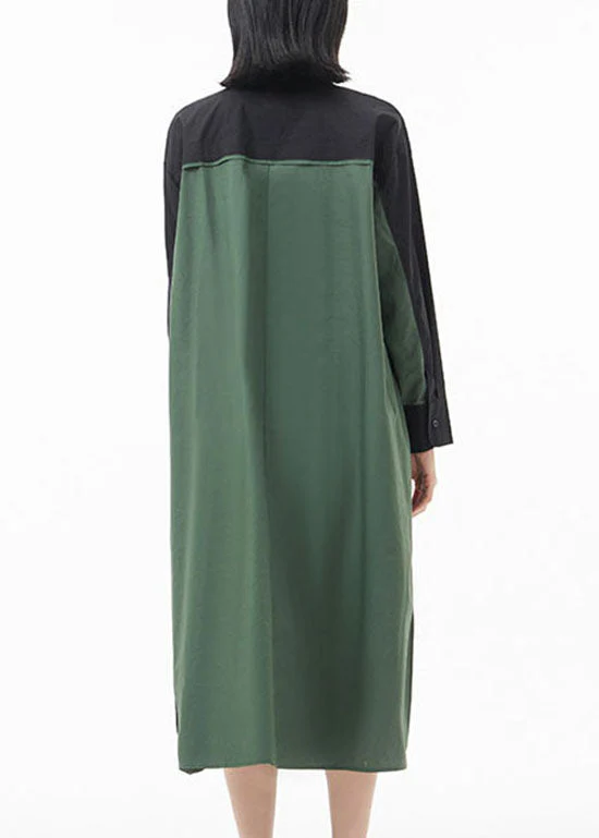 Fashion Black Green Peter Pan Collar button side open Patchwork shirt Dress Spring - Image 5