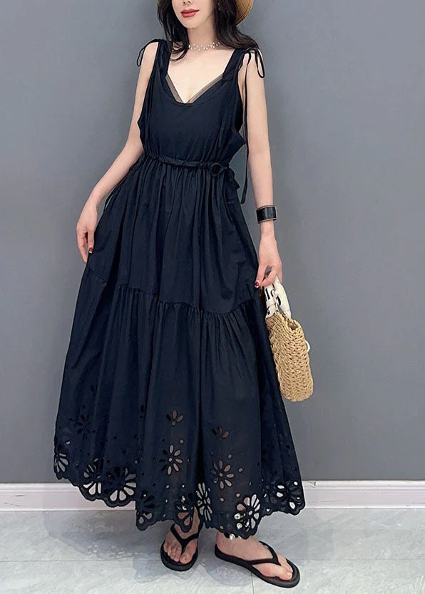 Fashion Black Hollow Out Lace Up Patchwork Cotton Dresses Sleeveless - Image 2