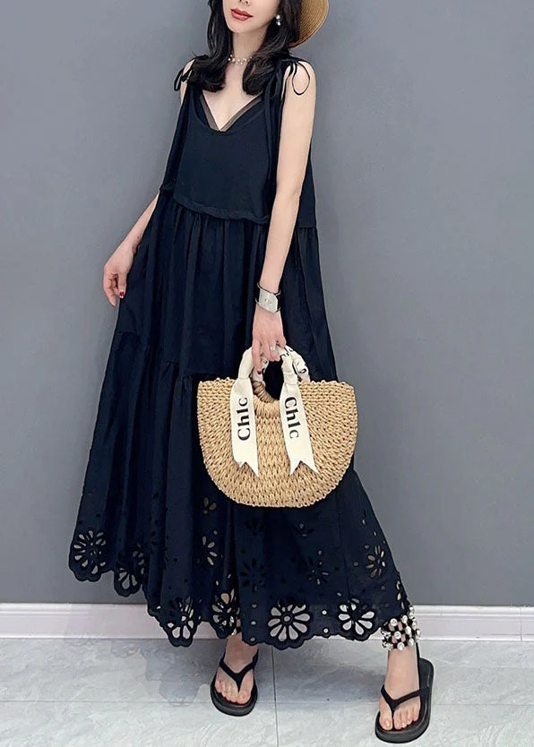 Fashion Black Hollow Out Lace Up Patchwork Cotton Dresses Sleeveless - Image 3
