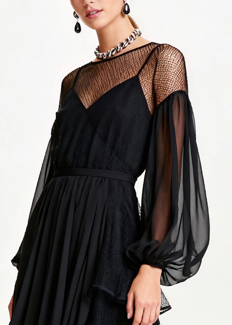 Fashion Black Hollow Out Patchwork Tulle Chiffon Party Dresses Summer - Image 2
