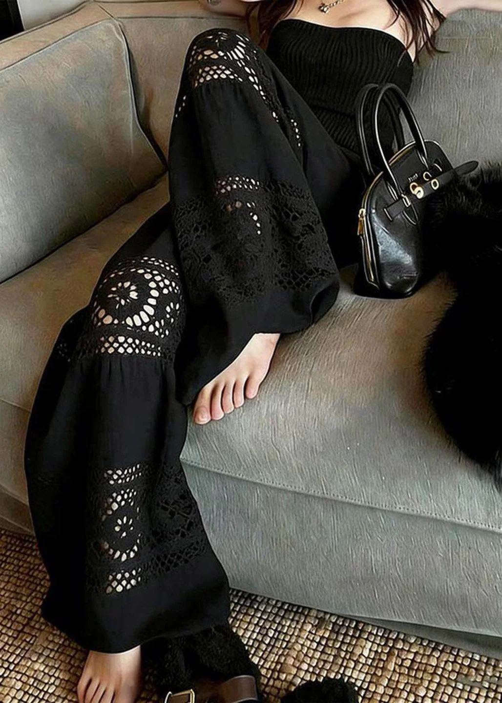 Fashion Black Hollow Out Wide Leg Pants Summer - Image 3