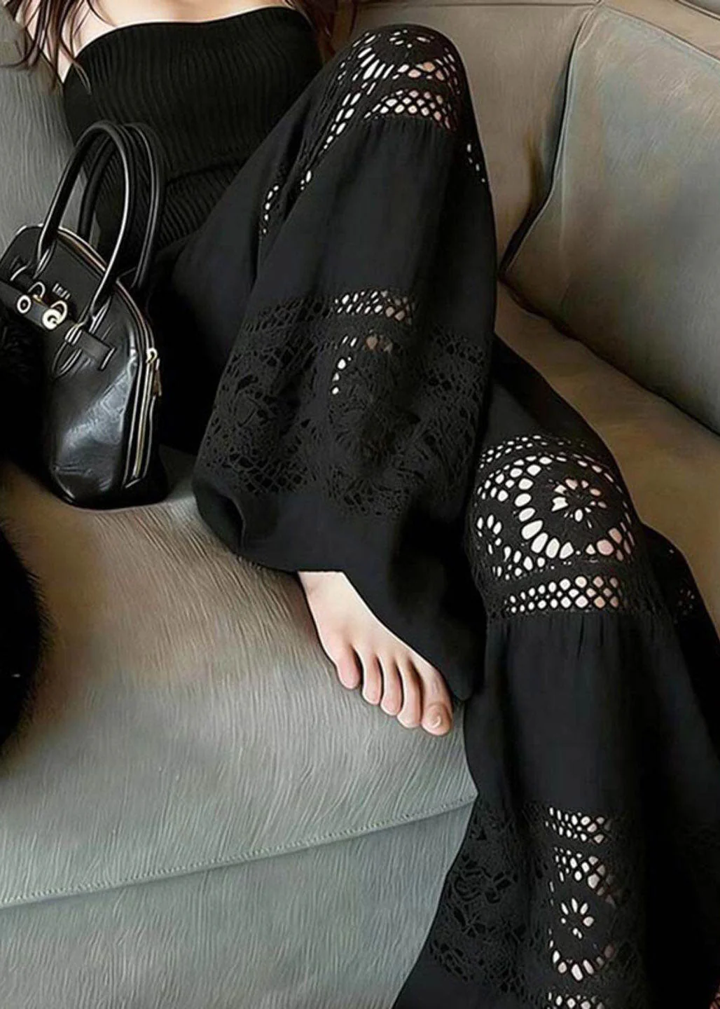 Fashion Black Hollow Out Wide Leg Pants Summer - Image 4