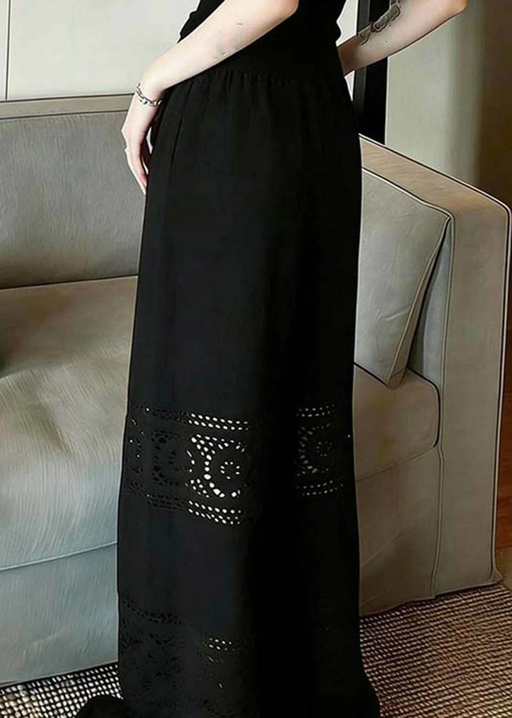 Fashion Black Hollow Out Wide Leg Pants Summer - Image 5