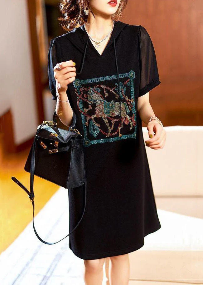 Fashion Black Hooded Zircon Patchwork Cotton Dress Summer - Image 2