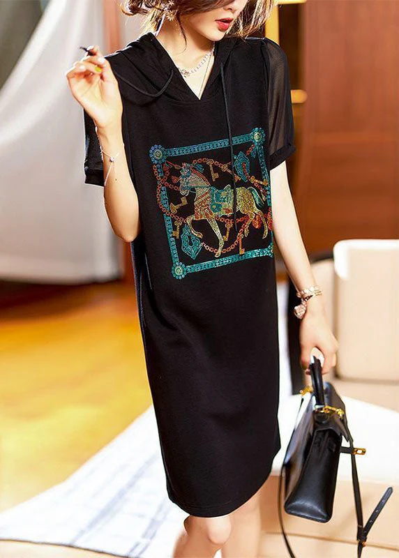 Fashion Black Hooded Zircon Patchwork Cotton Dress Summer - Image 3