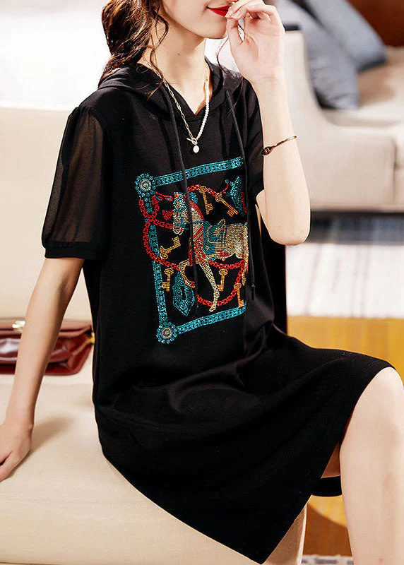 Fashion Black Hooded Zircon Patchwork Cotton Dress Summer - Image 4