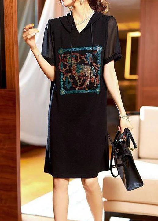 Fashion Black Hooded Zircon Patchwork Cotton Dress Summer - Image 5