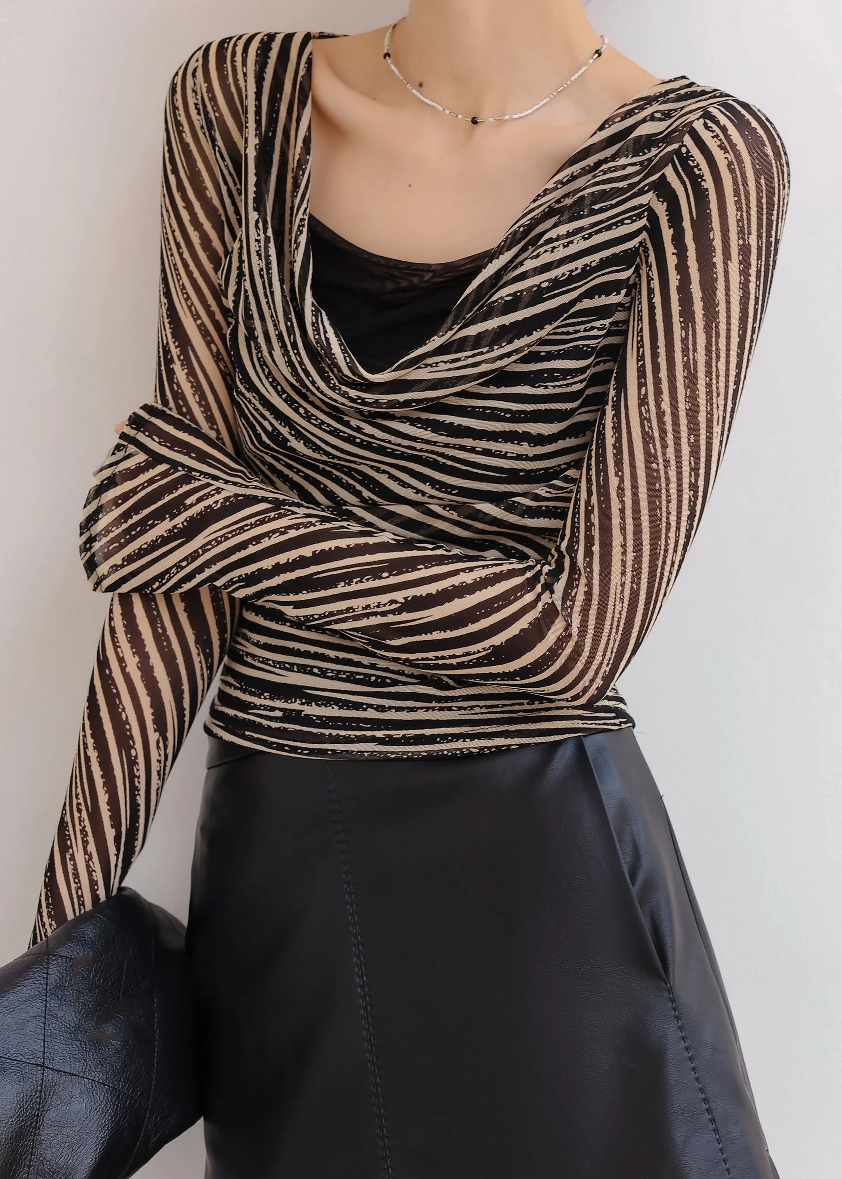 Fashion Black Khaki Striped Draped Neckline Top Spring - Image 5