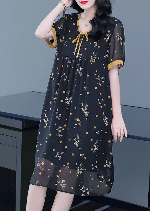 Fashion Black Lace Up Wrinkled Patchwork Print Chiffon Party Dress Short Sleeve - Image 2