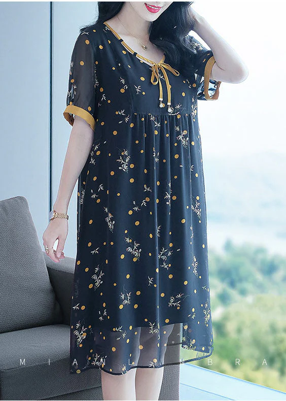 Fashion Black Lace Up Wrinkled Patchwork Print Chiffon Party Dress Short Sleeve - Image 3