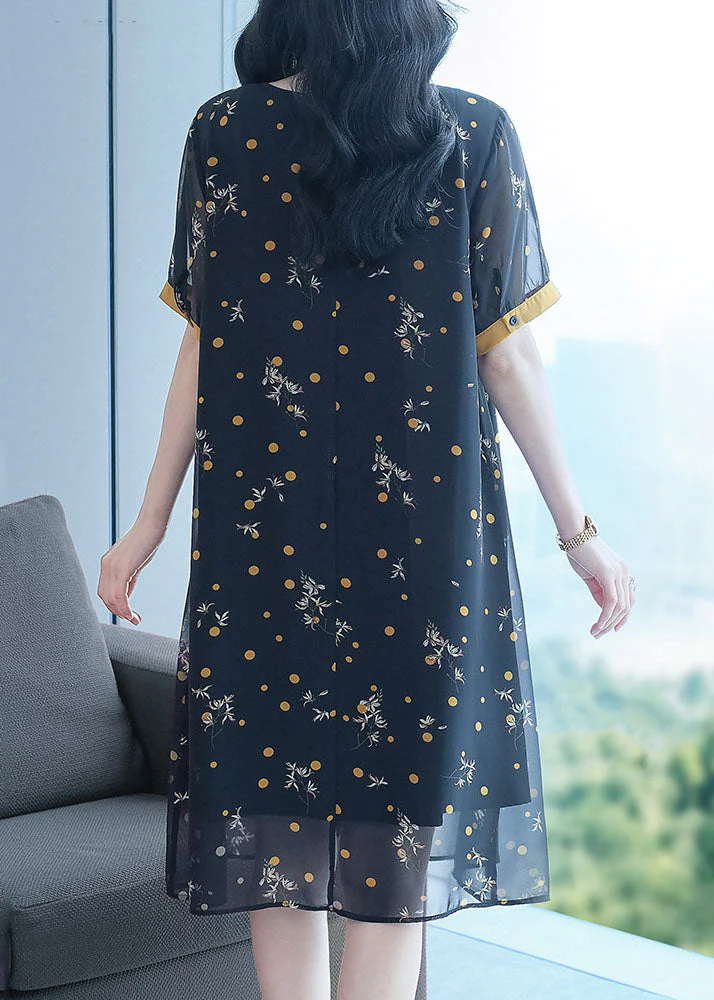 Fashion Black Lace Up Wrinkled Patchwork Print Chiffon Party Dress Short Sleeve - Image 4