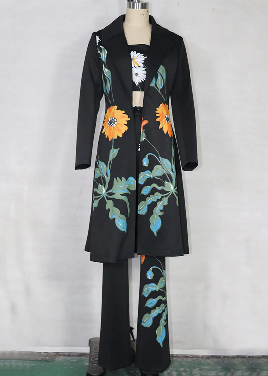 Fashion Black Notched Print Coats ,Tube Top And Pants Three Pieces Set Spring - Image 3