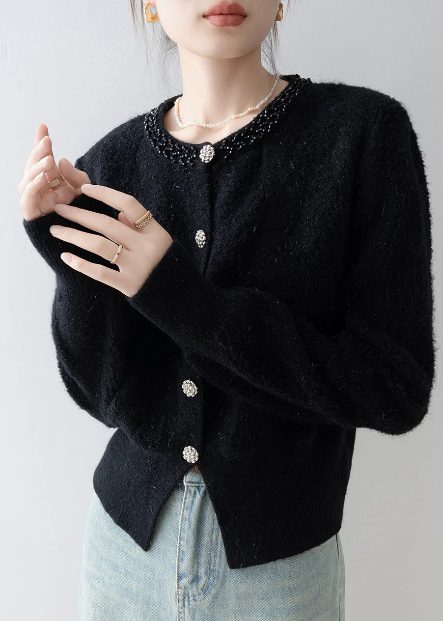 Fashion Black O Neck Button Knit Cardigans Spring - Image 3