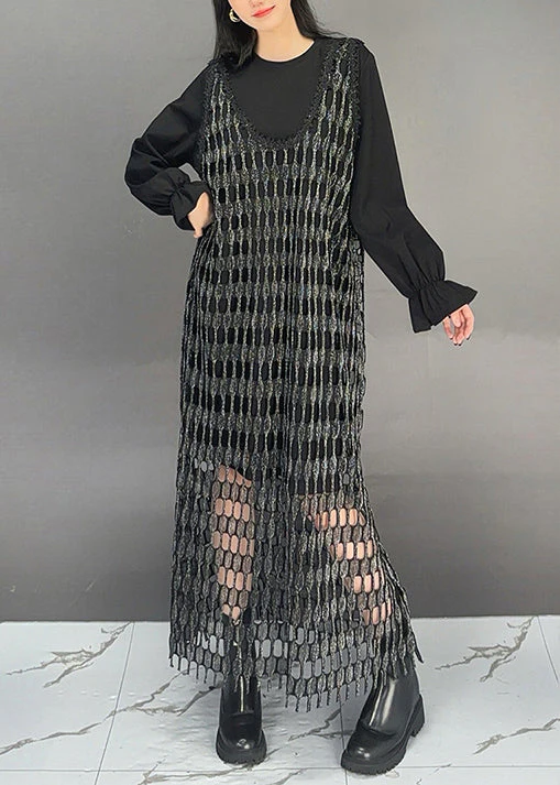 Fashion Black O Neck Patchwork Cotton Sets 2 Pieces Dresses Fall - Image 3