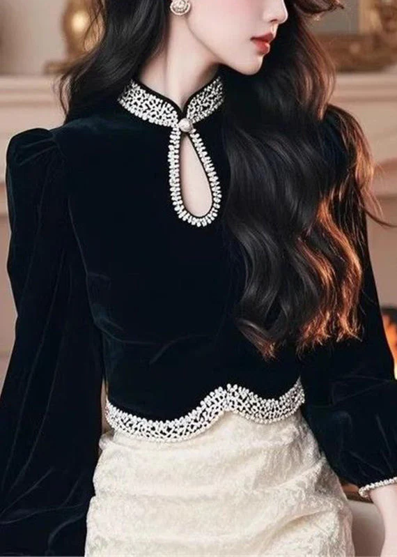 Fashion Black O-Neck Patchwork Silk Velour Top Lantern Sleeve - Image 3